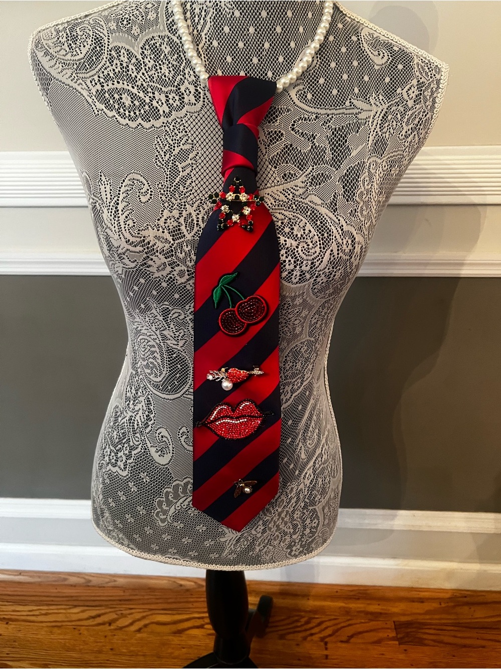 Striped Red and Navy Decorative Women's NeckTie Necklace with Embellishments